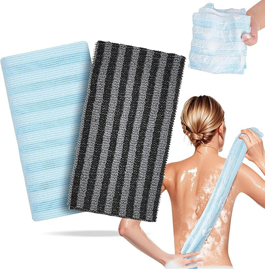 Exfoliating Washcloth Shower Towel - 2 Pack Back and Body Scrubbers for Smooth Skin | Quick-Drying, Durable, and Gentle for Sensitive Skin (Black+Blue)