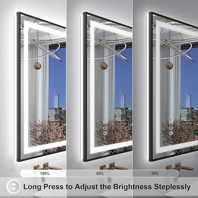 OKPAL 50x30 LED Bathroom Mirror with Black Frame, Lighted Bathroom Vanity Mirror, Front and Backlit, Dimmable, Anti-Fog, 3 Colors, Shatterproof, ETL Listed, Horizontal/Vertical