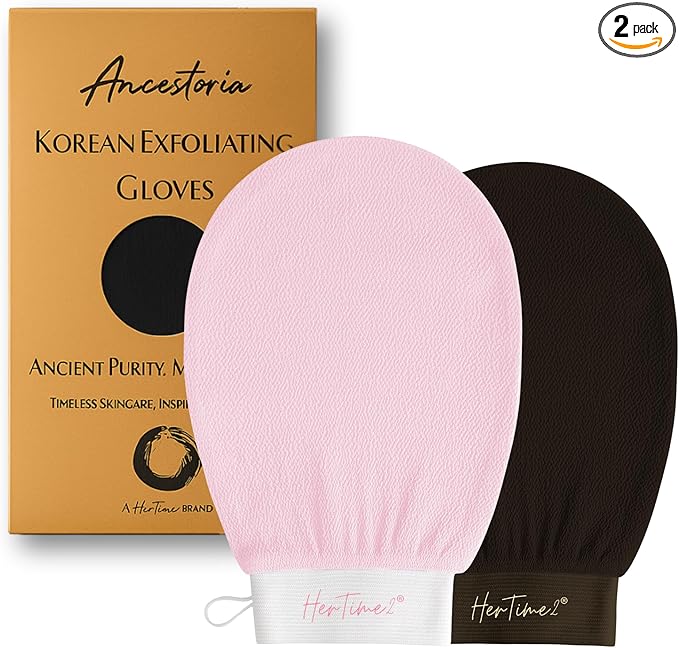 Ancestoria Korean Exfoliating Gloves for Shower, Pink and Black, 2-Pack, Deep Exfoliating Mitts for Body, Reusable and Chemical-Free, A HerTime2 Brand