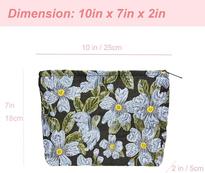PAZIMIIK Makeup Bag Large Cotton Zipper Pouch for Purse Travel Canvas Make Up Organizer for Women Cosmetic,Brocade Flower Black