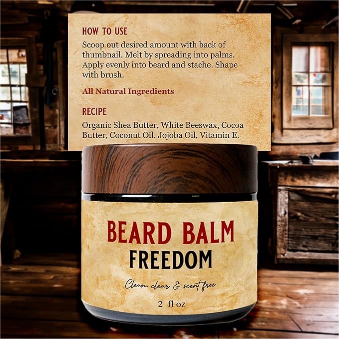 Whiskey & Granite Beard Balm – Made in USA - 100% Natural, Scentless Beard Styling Balm for Men, 2 oz (Freedom)
