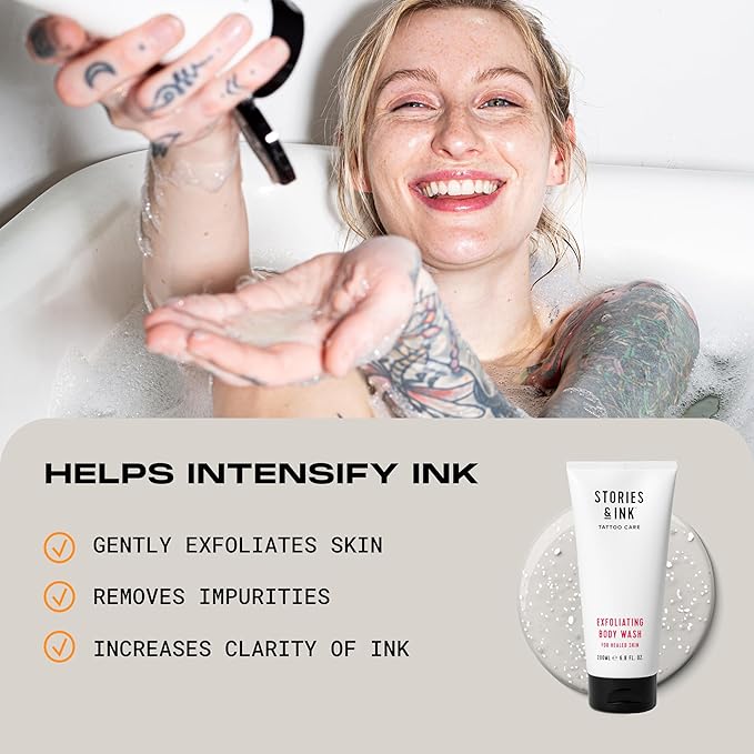 Stories & Ink Tattoo Aftercare | EXFOLIATING BODY WASH - Body Scrub Removes Dead & Dull Skin, Brightens Healed Tattoos, 200 mL / 6.8 Fl Oz