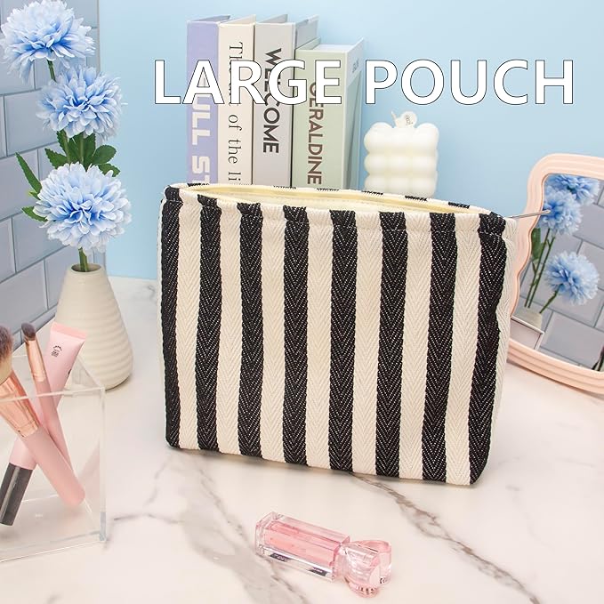 PAZIMIIK Makeup Bag Large Cotton Zipper Pouch for Purse Travel Canvas Make Up Organizer for Women Cosmetic,Stripe Black White
