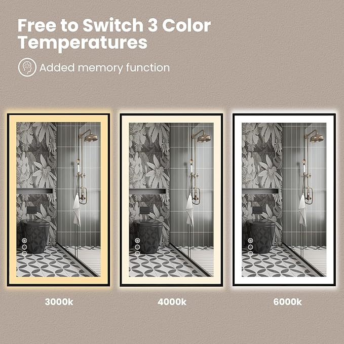 Amorho 72"x 32" LED Bathroom Mirror with Black Frame, Front Light and Backlit(Controlled Separately), Stepless Dimmable, Anti-Fog, Shatter-Proof, 3 Colors, Memory