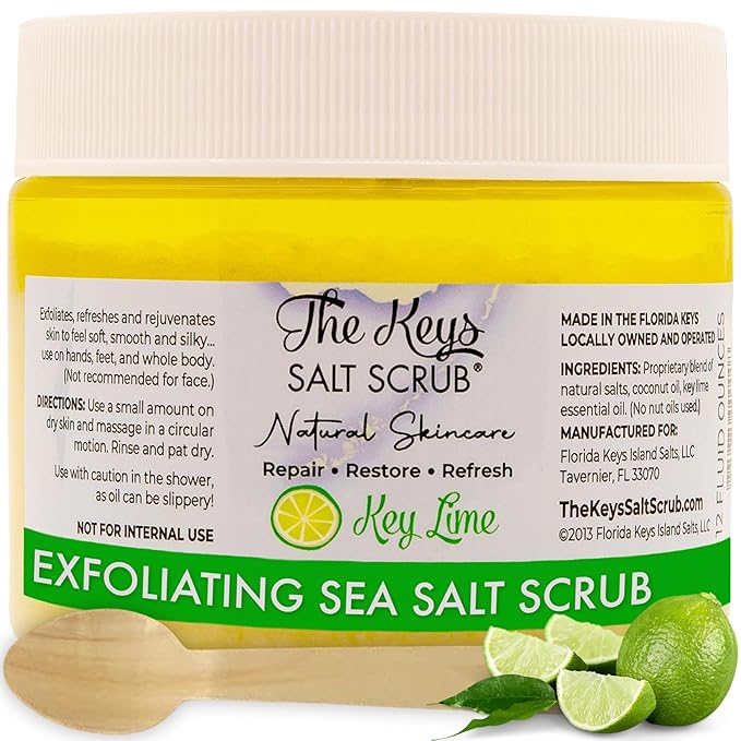 The Keys Salt Scrub -Sea Salt Scrub - Exfoliating Body Scrub with Wooden Spoon - Moisturizing Exfoliator for Hands, Foot, Bath, (12 Ounce (Pack of 1), Key Lime)