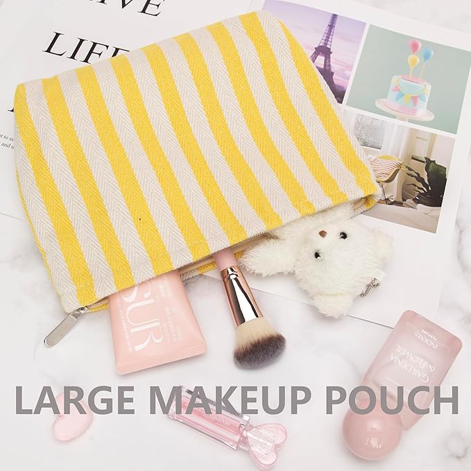 PAZIMIIK Makeup Bag Large Cotton Zipper Pouch for Purse Travel Canvas Make Up Organizer for Women Cosmetic,Stripe Yellow