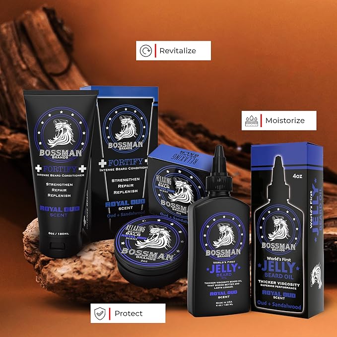 Bossman Essentials Beard Kit for Men, Set of 3 - Beard Oil Jelly, Fortifying Conditioner Cream, Beard Balm - Grooming Growth Care Accessories (Royal Oud)