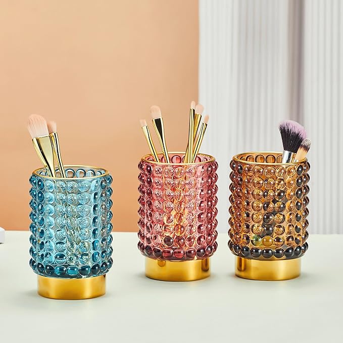 Makeup Brush Holder Organizer,Toothbrush Holders,Desk Pen Pencil Holder,Multifunctional Vintage Glass Brush Cup(A38-9-US/Brown/L)