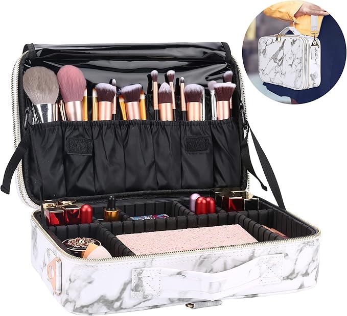 JOURMON Travel Makeup Case 3 Layers Makeup Train Case Marble Makeup Bag Organizer Portable Artist Storage Bag with Adjustable Dividers and Shoulder Strap (Marble white)