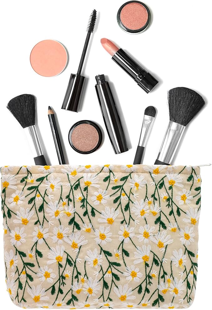 Makeup Bags for Purse Zipper Cosmetic Pouch Large Travel Canvas Make Up Organizer Tool Pouch for Women and Girls,Daisy White