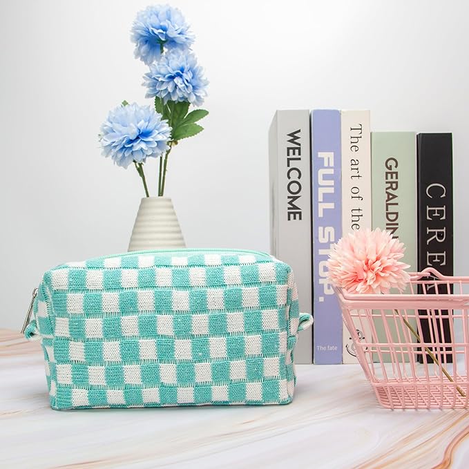 PAZIMIIK Checkered Makeup Bag for Purse Portable Zipper Make Up Pouch Small Cosmetic Case for Travel Accessories (2PCS Arctic Blue)