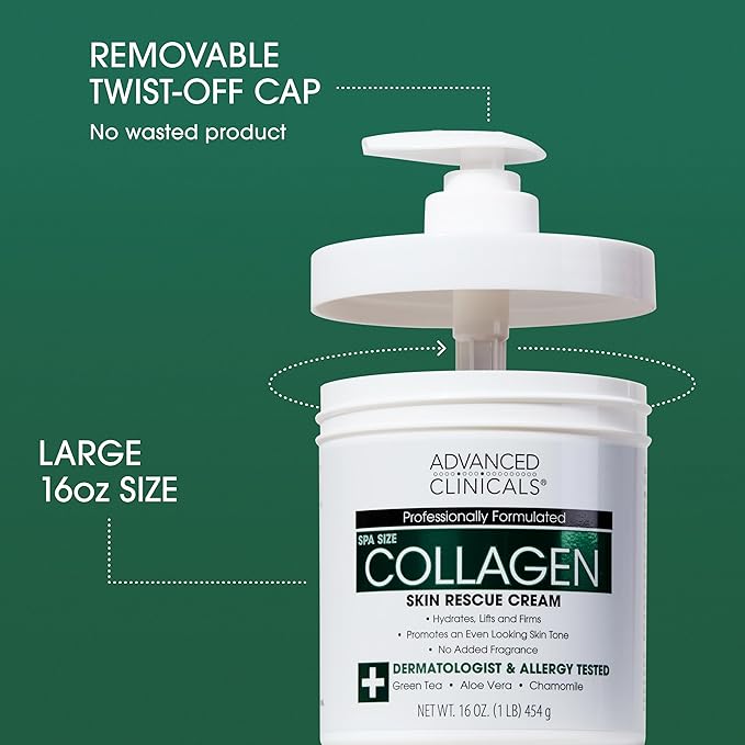 Advanced Clinicals Collagen Cream Body Lotion & Face Moisturizer W/Vitamin E | Skincare Collagen Lotion For Women, Men, Hand, & Neck Improves Look Of Crepe Skin & Uneven Dry Skin, 16Oz + Travel Size