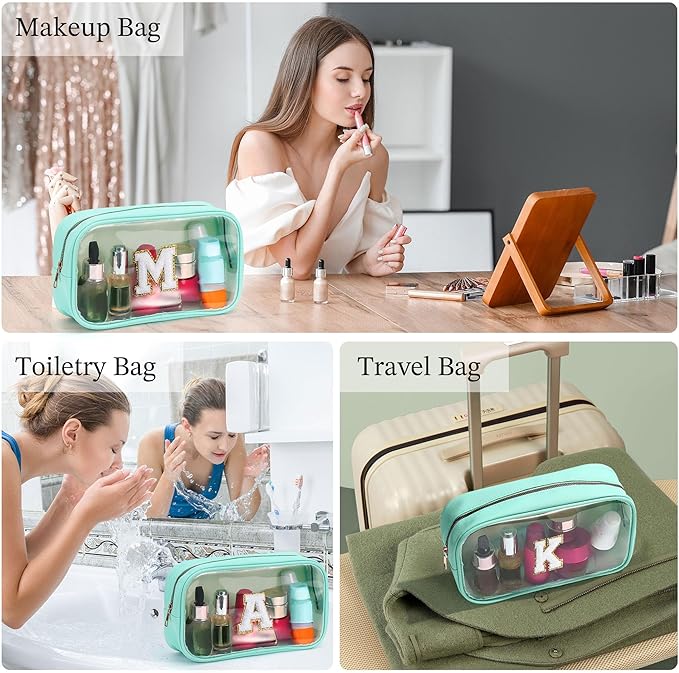 YOOLIFE Initial Make Up Bag Travel Toiletry Bag, Clear Makeup Bag Preppy Cosmetic Bags Organizer Travel Essentials Gifts for Women Teen Girlfriend Teacher Mom Brithday Mothers Day Gifts, Large, Blue