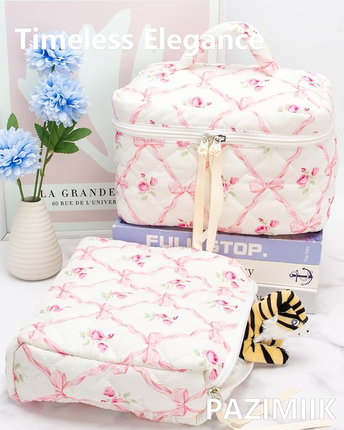 PAZIMIIK Quilted Makeup Bag Large Travel Zipper Soft Cosmetic Pouch for Women Girls Make Up,Bow Rose