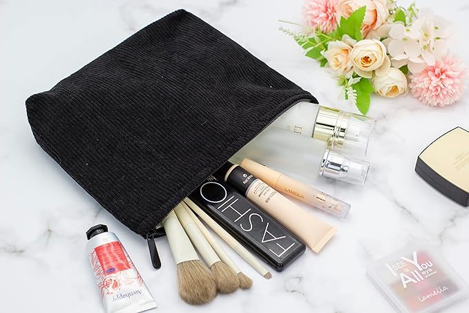PAZIMIIK Makeup Bag Large Zipper Corduroy Make Up Pouch for Purse Travel Canvas Cosmetic Organizer for Women Brush Storage,Black