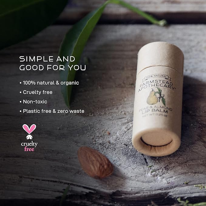 Farmstead Apothecary 100% Natural Lip Balm with Organic Beeswax, Organic Shea Butter & Organic Coconut Oil, Pear & Almond 0.25 oz