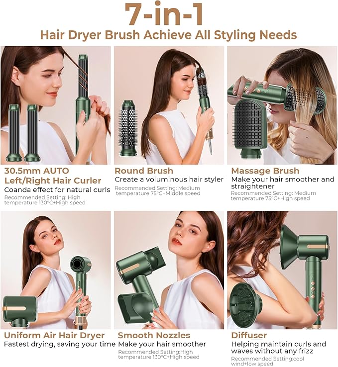 7 in ONE Hair Dryer Brush, Powerful Blow Dryer Brush with Auto- Wrap Curler, Detachable Fast Drying, Volumizing, Curling, Straightening, Ionic Hair Dryer with Diffuser, Hair Styling Tools 100-120V