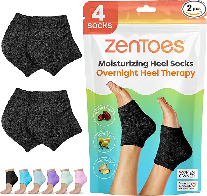 ZenToes Moisturizing Socks for Cracked Heel Treatment - Vitamin E, Olive Oil and Jojoba Oil Infused Heel Socks to Soften and Hydrate (Fuzzy Black, Wide Width)