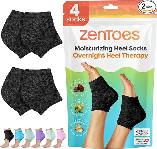 ZenToes Moisturizing Socks for Cracked Heel Treatment - Vitamin E, Olive Oil and Jojoba Oil Infused Heel Socks to Soften and Hydrate (Fuzzy Black, Wide Width)