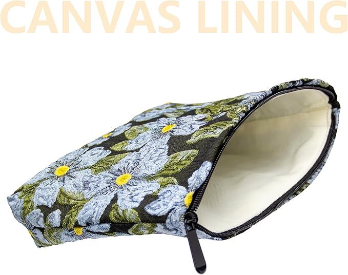 PAZIMIIK Makeup Bag Large Cotton Zipper Pouch for Purse Travel Canvas Make Up Organizer for Women Cosmetic,Brocade Flower Black