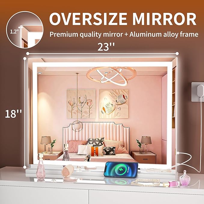 Hasipu Vanity Mirror with Lights, 23" x 18" LED Makeup Mirror, Lighted Makeup Mirror with Dimmable 3 Modes, Touch Screen Control Vanity Mirror Square White