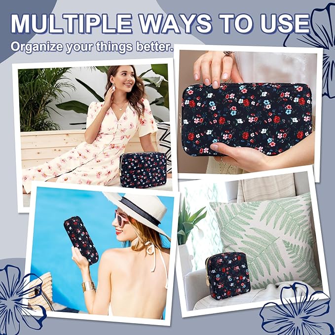 Waterproof Mini Floral Makeup Bag Pouch for Purse,Nylon Flower Cosmetic Travel Bag Small Preppy Toiletry Organizers Bag for Women Girl,Cute Zipper Pouch Coin Purse for Work(Mini Black-Flowers)