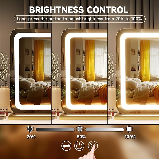 Hasipu Vanity Mirror with Lights, 31.5" x 20" LED Makeup Mirror, Lighted Makeup Mirror with Dimmable 3 Modes, Touch Screen Control Vanity Mirror Round Gold