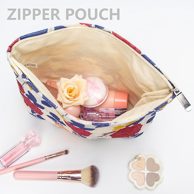 PAZIMIIK Makeup Bag Large Cotton Zipper Pouch for Purse Travel Canvas Make Up Organizer for Women Cosmetic,Rose Beige