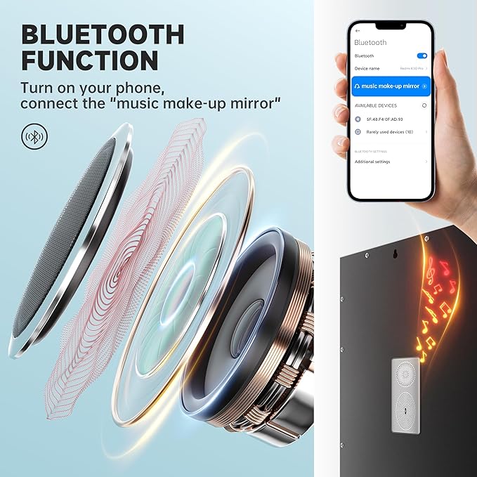 Hasipu Vanity Mirror with Lights and Bluetooth Speaker, 32" x 21.7" LED Makeup Mirror, Lighted Makeup Mirror with Dimmable 3 Modes, USB Charging Port, Round Gold