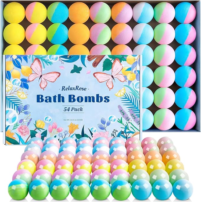 54 Pack Handmade Bath Bombs – 11 Vibrant Colors & 9 Unique Scents, Long-Lasting Fizzy Bubbles & Colorful Magic, 7-Minute Dissolve for Relaxation, Perfect for Birthdays & Summer Self-Care