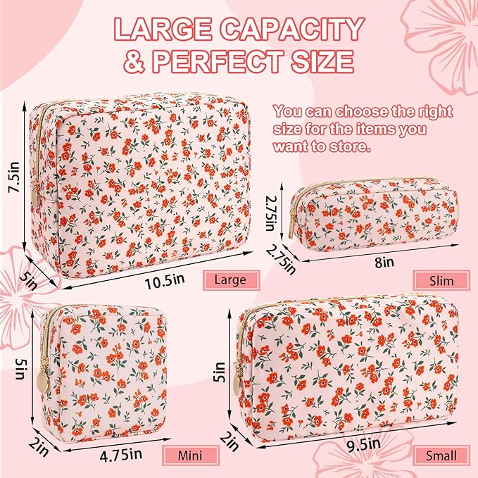 Waterproof Small Floral Makeup Bag Pouch for Purse,Nylon Flower Cosmetic Bag Preppy Travel Toiletry Storage Bag for Women Girl,Cute Makeup Organizer Bag Skincare Bag with Zipper(Small Pink-Flowers)