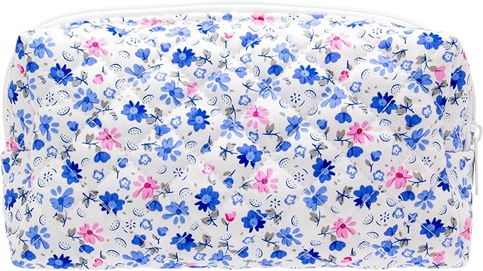 PAZIMIIK Vintage Quilted Makeup Bag Cosmetic Pouch for Brushes Pencils and Travel Make Up Accessories for Women and Girls Flower Blue