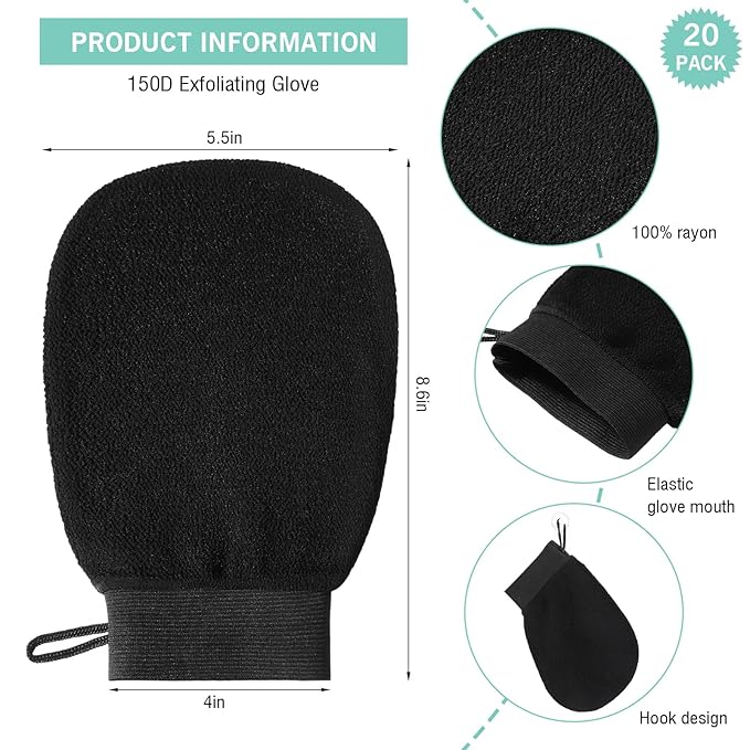 20 Pcs Exfoliating Glove Bulk Summer Exfoliator Mitt Body Scrubber 150d Viscose Fiber Deep Skin Korean Scrub Mitt for Spa Massage Dead Skin Remover for Men and Women(Black)