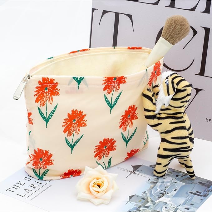 PAZIMIIK Floral Makeup Bag Large Cotton Zipper Pouch for Purse Travel Canvas Make Up Organizer for Women Cosmetic,Small Flower