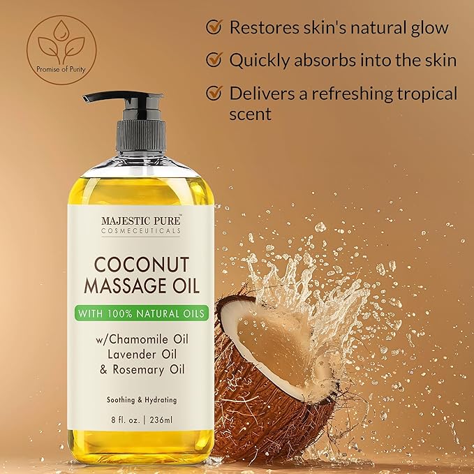 MAJESTIC PURE Coconut Massage Oil for Massage Therapy - Refreshing, and Relaxing - Natural Oils - for All Skin Types - Men and Women - 8 fl oz