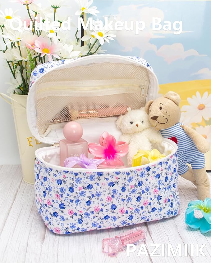 PAZIMIIK Quilted Makeup Bag Large Travel Zipper Soft Cosmetic Case for Women Girls Make Up,Floral Blue