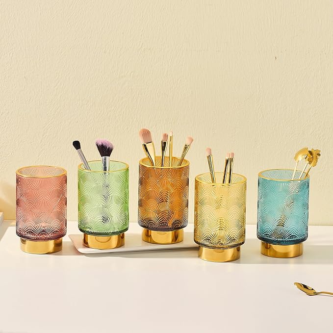 Makeup Brush Holder Organizer,Toothbrush Holders,Desk Pen Pencil Holder,Multifunctional Vintage Glass Brush Cup（A41-3-US）