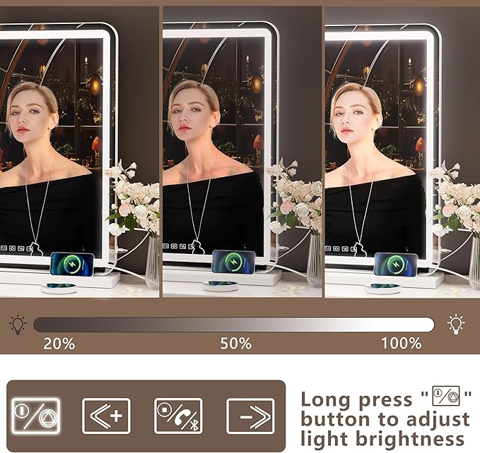 Hasipu Vanity Mirror with Lights and Bluetooth Speaker, 39.4" x 29.5" LED Makeup Mirror, Lighted Makeup Mirror with Dimmable 3 Modes, USB Charging Port, Round White