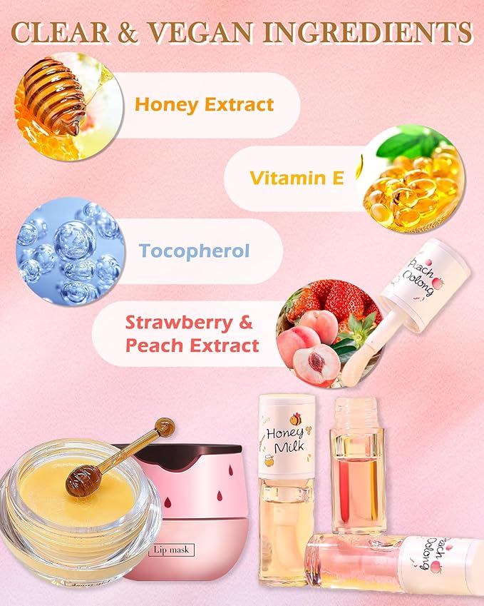 2Pcs Bee Lip Balm Honey Pot Lip Mask & Lip Glowy Oil Lip Care Set, Propolis Moisturize & Nourish Lip Gloss Repair Treatment, Reduce Lip Line & Protect & Plump Dry Cracked Lip Scrub Exfoliator -Set A