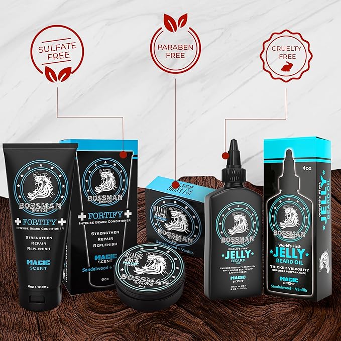 Bossman Essentials Beard Kit for Men, Set of 3 - Beard Oil Jelly, Fortifying Conditioner Cream, Beard Balm - Grooming Growth Care Accessories (Magic)