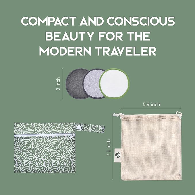 Greenzla Reusable Makeup Remover Pads Travel Set - 12 Pack Microfiber Cotton Pads, Dark Charcoal Cotton Rounds, and Bamboo Terry Face Wipes for All Skin Types with Mesh Laundry Bag and Travel Pouch