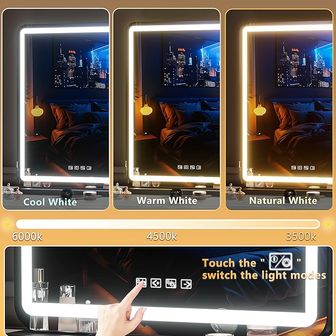 Hasipu Vanity Mirror with Lights and Bluetooth Speaker, 32" x 21.7" LED Makeup Mirror, Lighted Makeup Mirror with Dimmable 3 Modes, USB Charging Port, Round Black