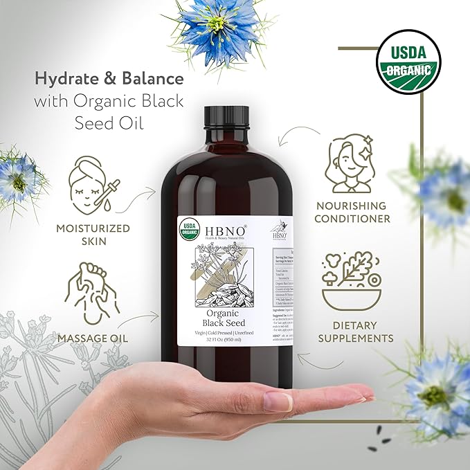 HBNO Organic Black Seed Oil - Huge 32oz (950ml) Glass Bottle Value Size - USDA Certified Organic Black Seed Oil, Cold Pressed for Face, Body, Lips, Shampoo & Conditioner