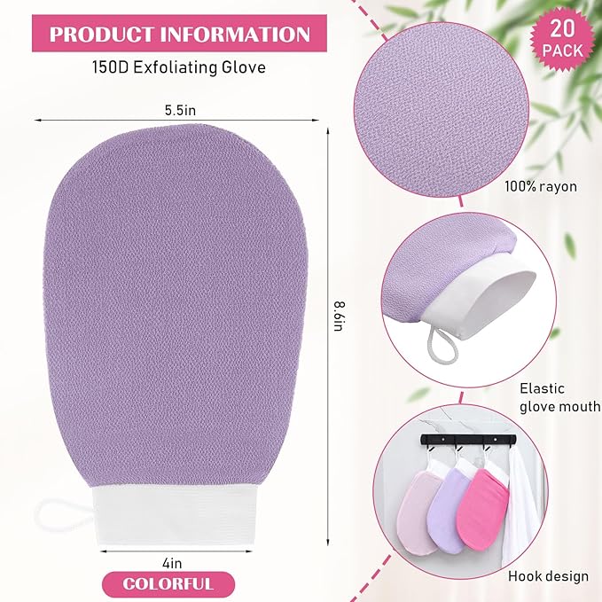 20 Pcs Exfoliating Glove Bulk Summer Exfoliator Mitt Body Scrubber 150d Viscose Fiber Deep Skin Korean Scrub Mitt for Spa Massage Dead Skin Remover for Men and Women(Multicolor)