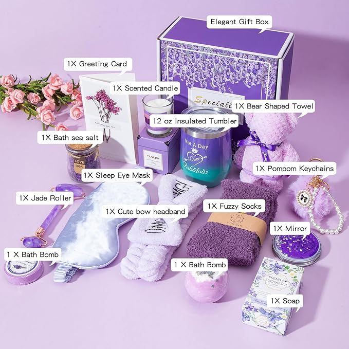 Birthday Gifts for Women,Gifts for Her Purple Gifts Basket for Women Happy Birthday Lavender Relaxing Gift Set Self Care Package Unique Female Gift Ideas Birthday Presents Female Friendship Gifts
