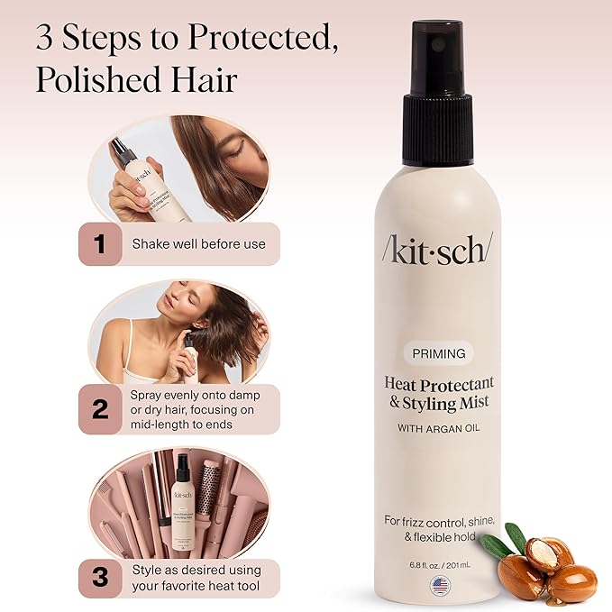Kitsch Heat Protection Spray for Hair – Heat Protectant for Hair with Argan Oil – Styling Hair Spray for Frizz Control, Shine & Damage Protection – Protects Strands Up to 450°F – 6.8oz