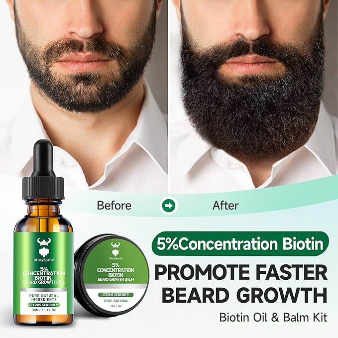 Beard Growth Oil & Beard Balm - Beard Growth Kit with 5% Concentration Biotin for Men, Natural Ingredients with Argan Oil, Jojoba Oil and Vitamin (Citrus Serenity)