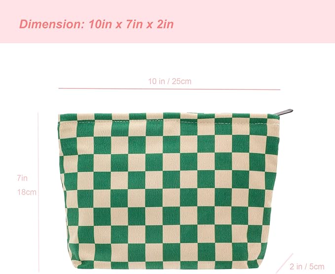 PAZIMIIK Makeup Bag Large Zipper Corduroy Make Up Pouch for Purse Travel Canvas Cosmetic Organizer for Women Brush Storage,Checkered Green