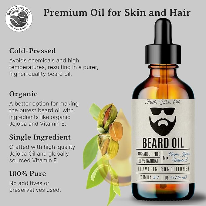 Bella Terra Oils - Beard Oil 4oz - Crafted with Genuine Natural Organic Vitamin E, Organic Jojoba & Argan, Classic Anti-Friz Formula, Elevating Beard Luster & Care