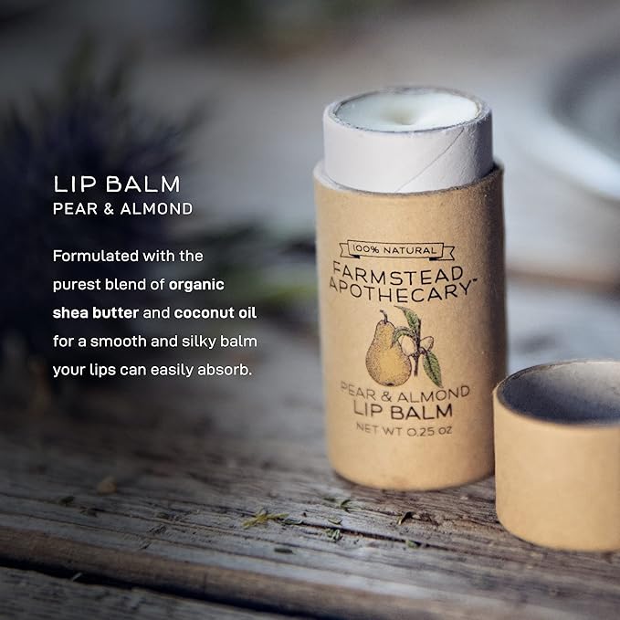 Farmstead Apothecary 100% Natural Lip Balm with Organic Beeswax, Organic Shea Butter & Organic Coconut Oil, Pear & Almond 0.25 oz